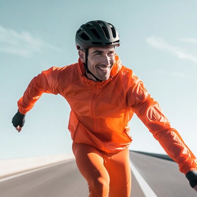 Man rollerblading on road in orange gear