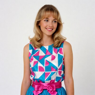 Blonde woman in geometric pink blue dress
