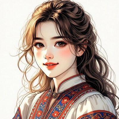 Asian woman in traditional embroidered dress
