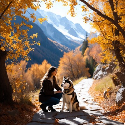 Woman kneeling with husky in autumn mountains