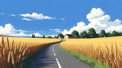 Winding road through wheat field illustration