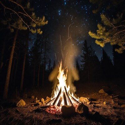 Campfire in Forest Under Starry Night