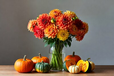 Dahlia Bouquet with Pumpkins