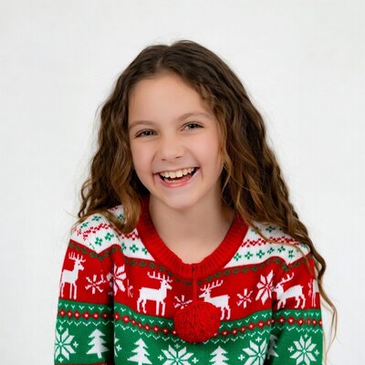 Girl smiling in Christmas reindeer sweater