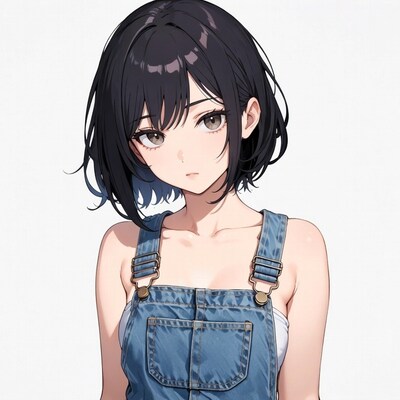 Anime girl in denim overalls