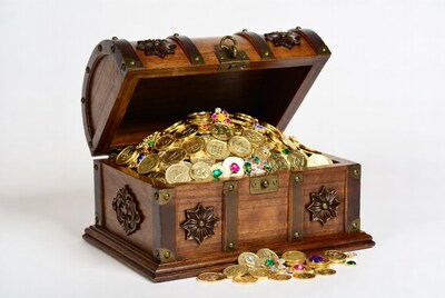 Open treasure chest with gold coins