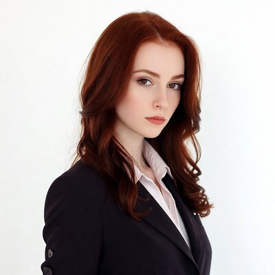 Redhead woman in black suit