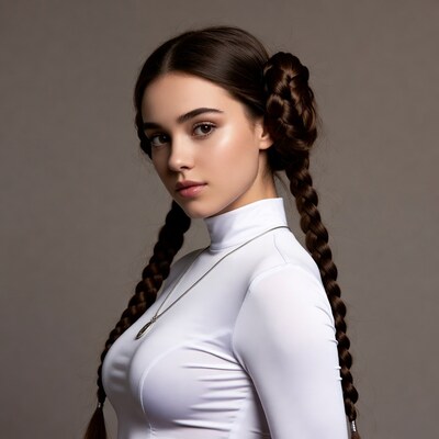 Woman with braided buns in white dress