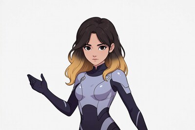 Anime woman in silver bodysuit gesturing