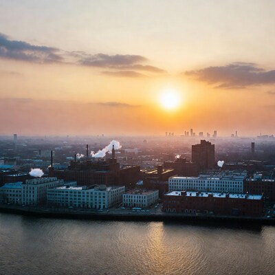 Industrial skyline at sunset over river