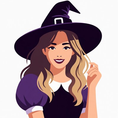 Asian woman in witch hat illustration