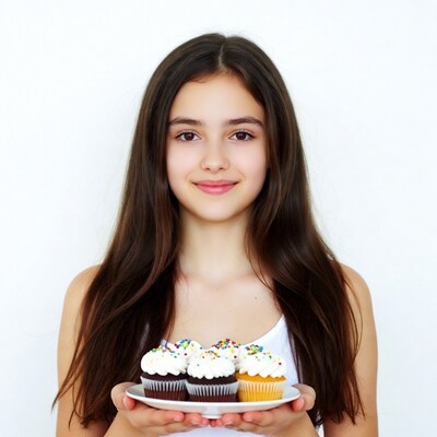 Girl holding plate of cupcakes