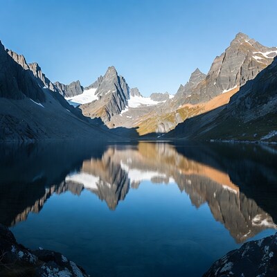 Mountain peaks reflecting in alpine lake