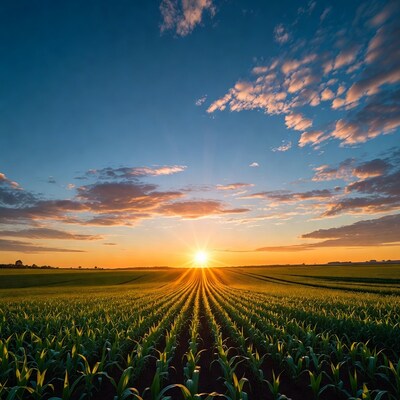 Sunset over cornfield rows