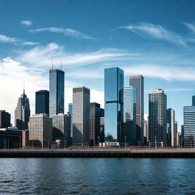 Skyscrapers across river waterfront