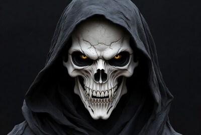 Hooded Skull with Glowing Yellow Eyes