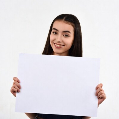 Smiling girl holding blank sign