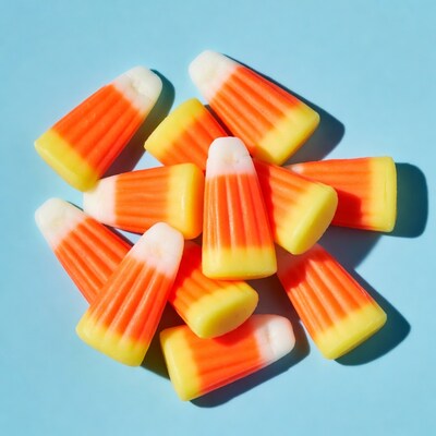 Candy corn pile on blue background