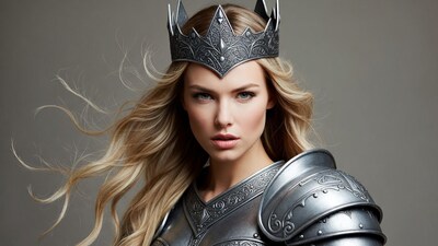 Blonde woman in silver crown and armor