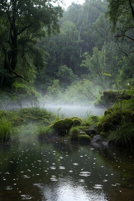 Rain falling on forest stream