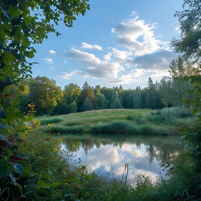 Forest Lake with Grasses and Blue Sky