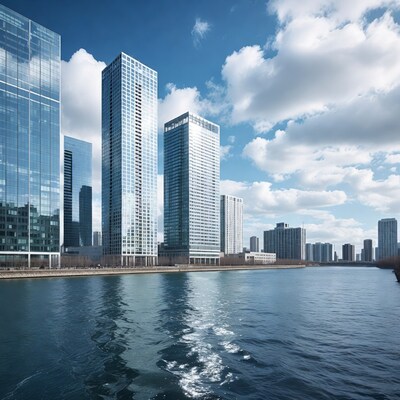 Modern skyscrapers along river