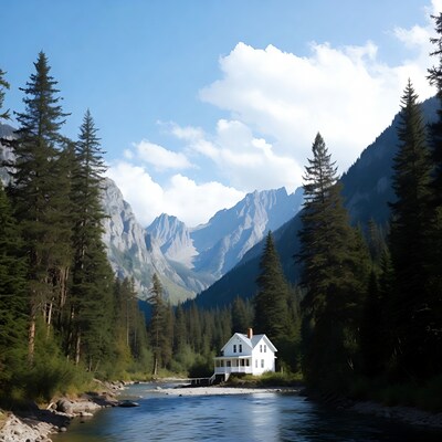 White house by river in mountains