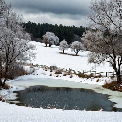 Frozen pond with snowy trees and fence