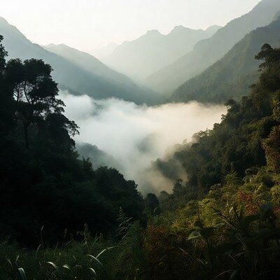 Misty Mountains with Fog and Trees