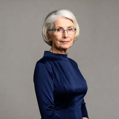 Elderly woman in blue dress with glasses