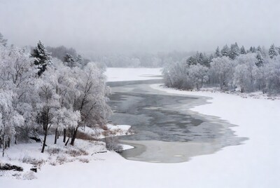 Frozen River in Snowy Forest
