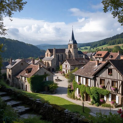 Alsace village with church and hills
