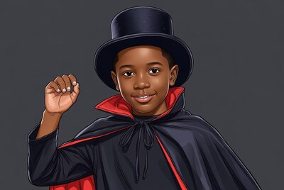 African-American boy in magician costume