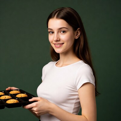 Young woman holding cookies tray