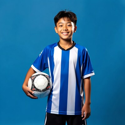 Asian boy holding soccer ball