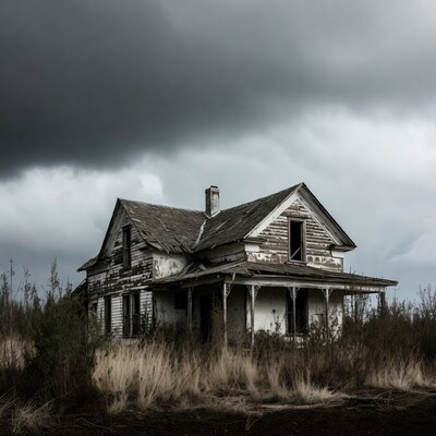 Abandoned house in stormy field