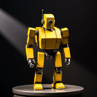 Yellow robot on metal pedestal