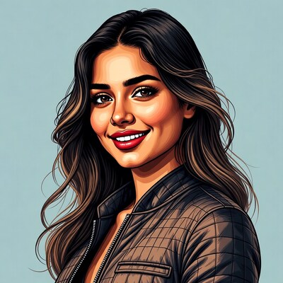 Smiling woman in leather jacket illustration
