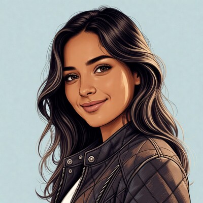 Smiling woman in leather jacket illustration