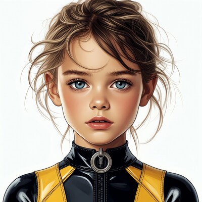 Girl in black yellow latex suit