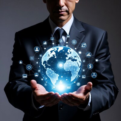 Businessman holding digital globe