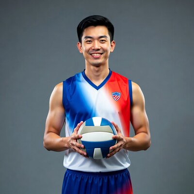 Asian man holding volleyball in jersey