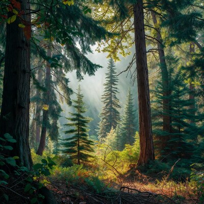 Sunlit Redwood Forest with Sunbeams