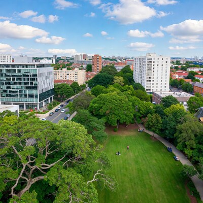 Aerial view of urban park with buildings
