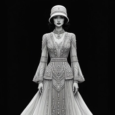Asian woman in beaded 1920s gown