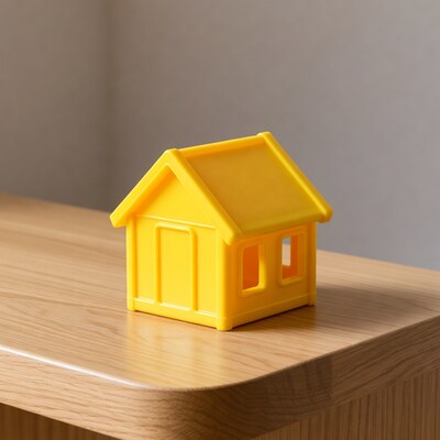 Yellow toy house on wooden table