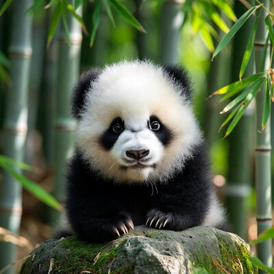 Baby panda on mossy rock
