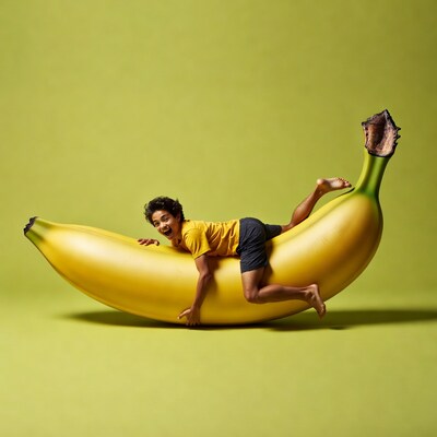 Boy riding giant banana