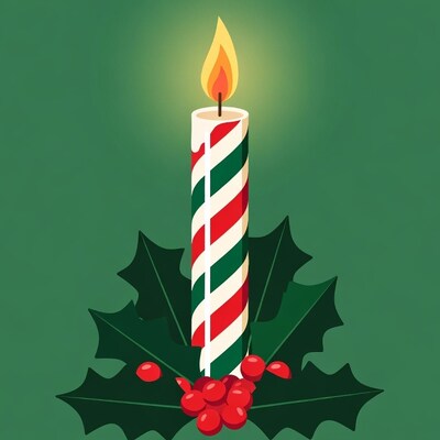 Striped Christmas Candle with Holly