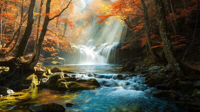 Autumn Waterfall in Forest with Sunbeams